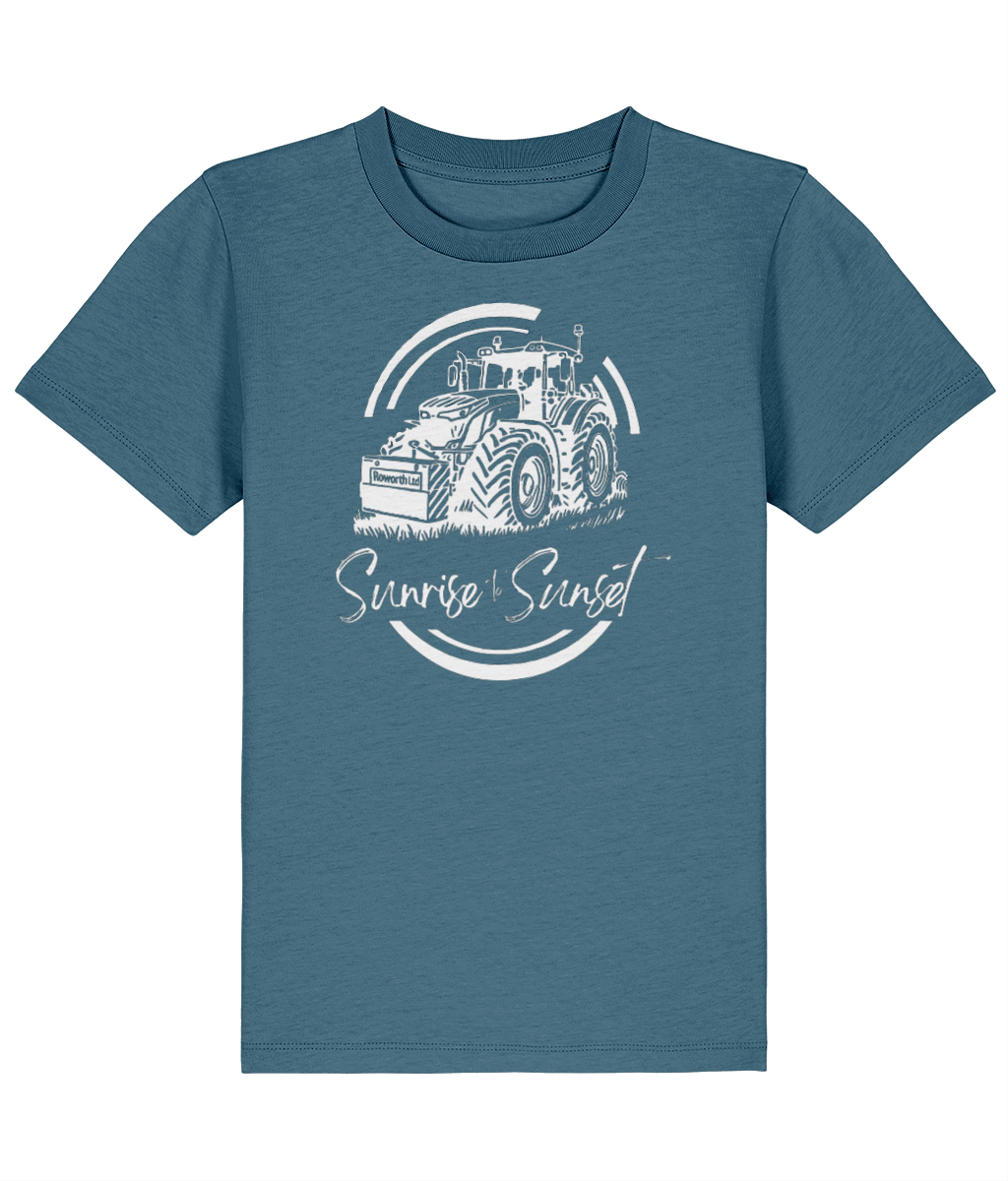 Roworth Ltd kids t-shirt in stargazer blue with sunrise to sunset tractor design, British agricultural kidswear