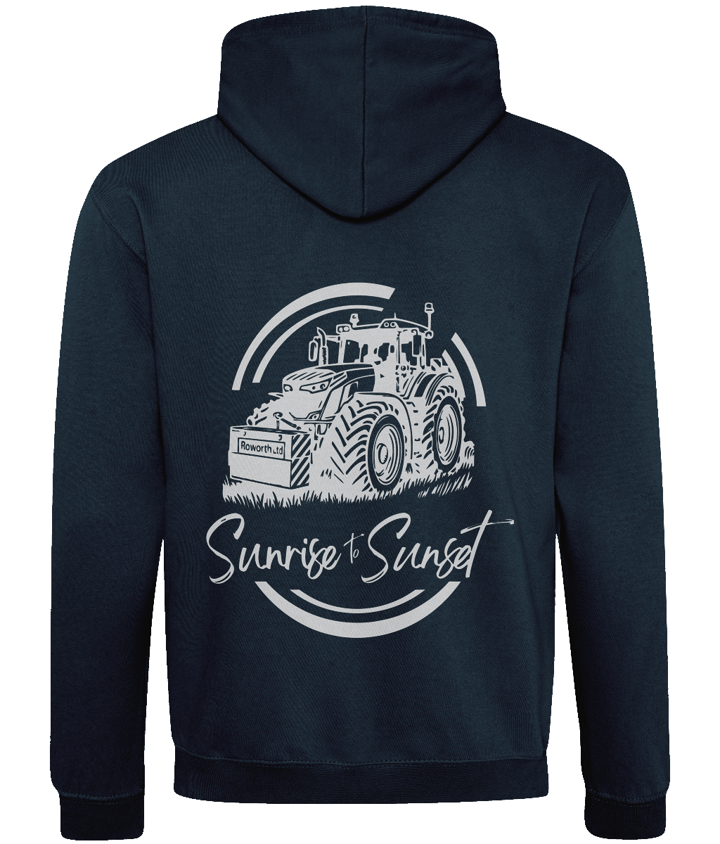 Roworth Ltd navy varsity hoodie with sunrise to sunset tractor back print